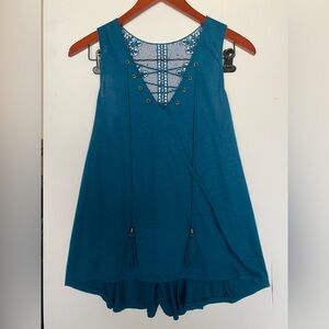 Xhilaration - V Neck Boho Blue Back Lacey Sleeveless Shirt W Tassels - Size M